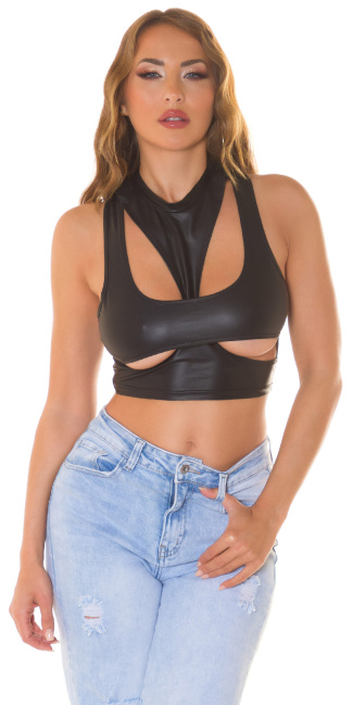 Wetlook Crop Top with Cut Outs Black